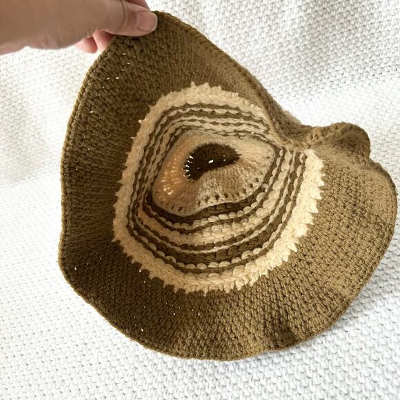 Handmade Crochet Brown Beige Tan Stripe Bucket Hat One Size Boho - Picture 8 of 10
